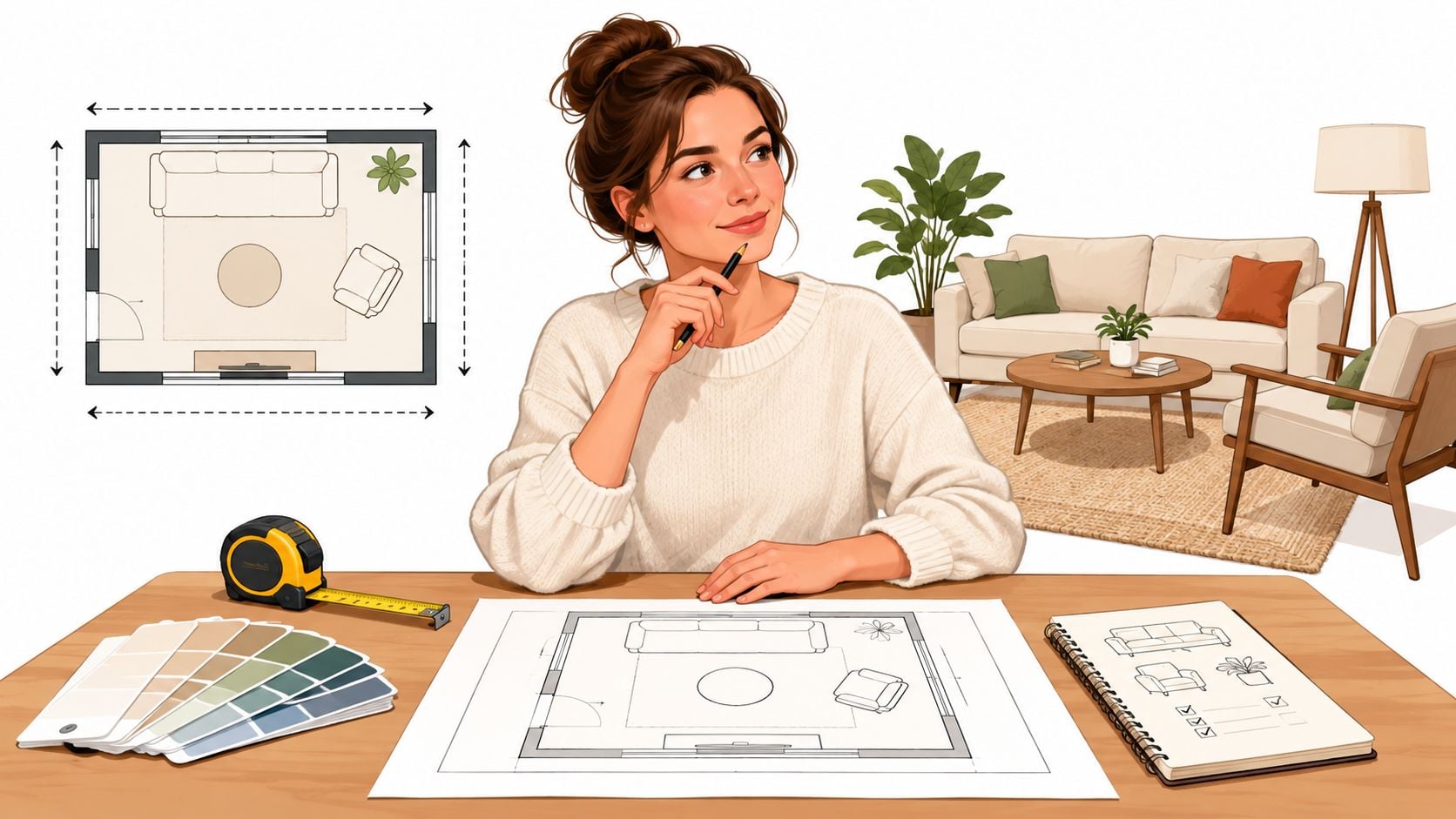 A woman designing a cozy living room with furniture sketches, floor plans, paint samples, and measuring tape.