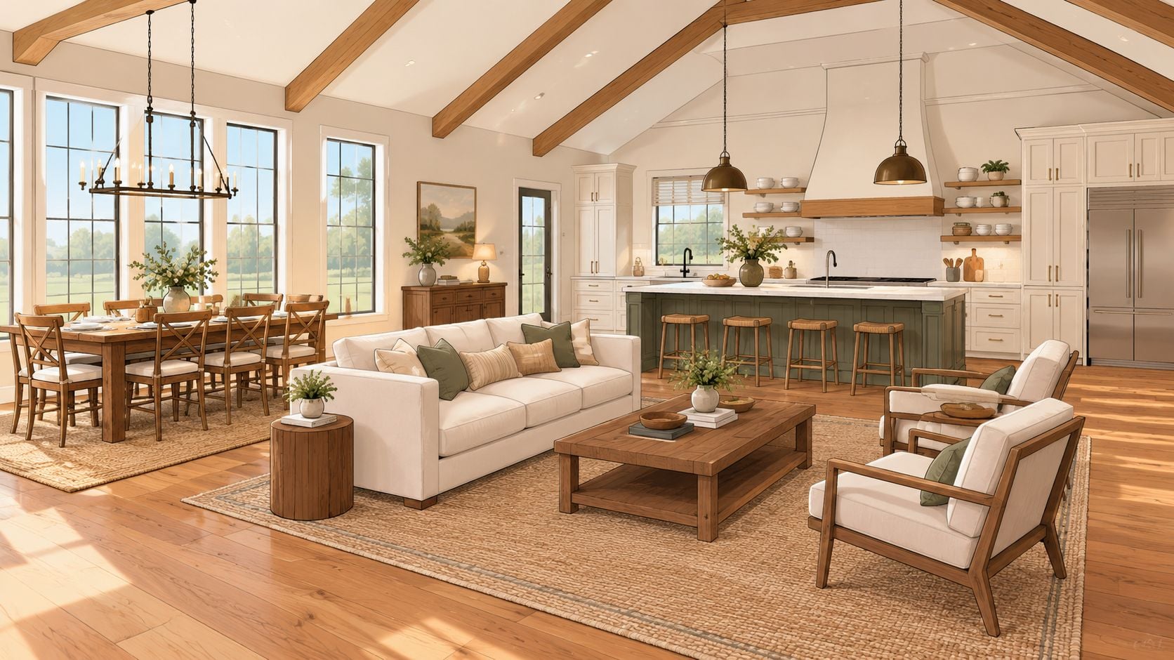 A bright open floor plan featuring a farmhouse kitchen, dining area, and cozy living room furniture.