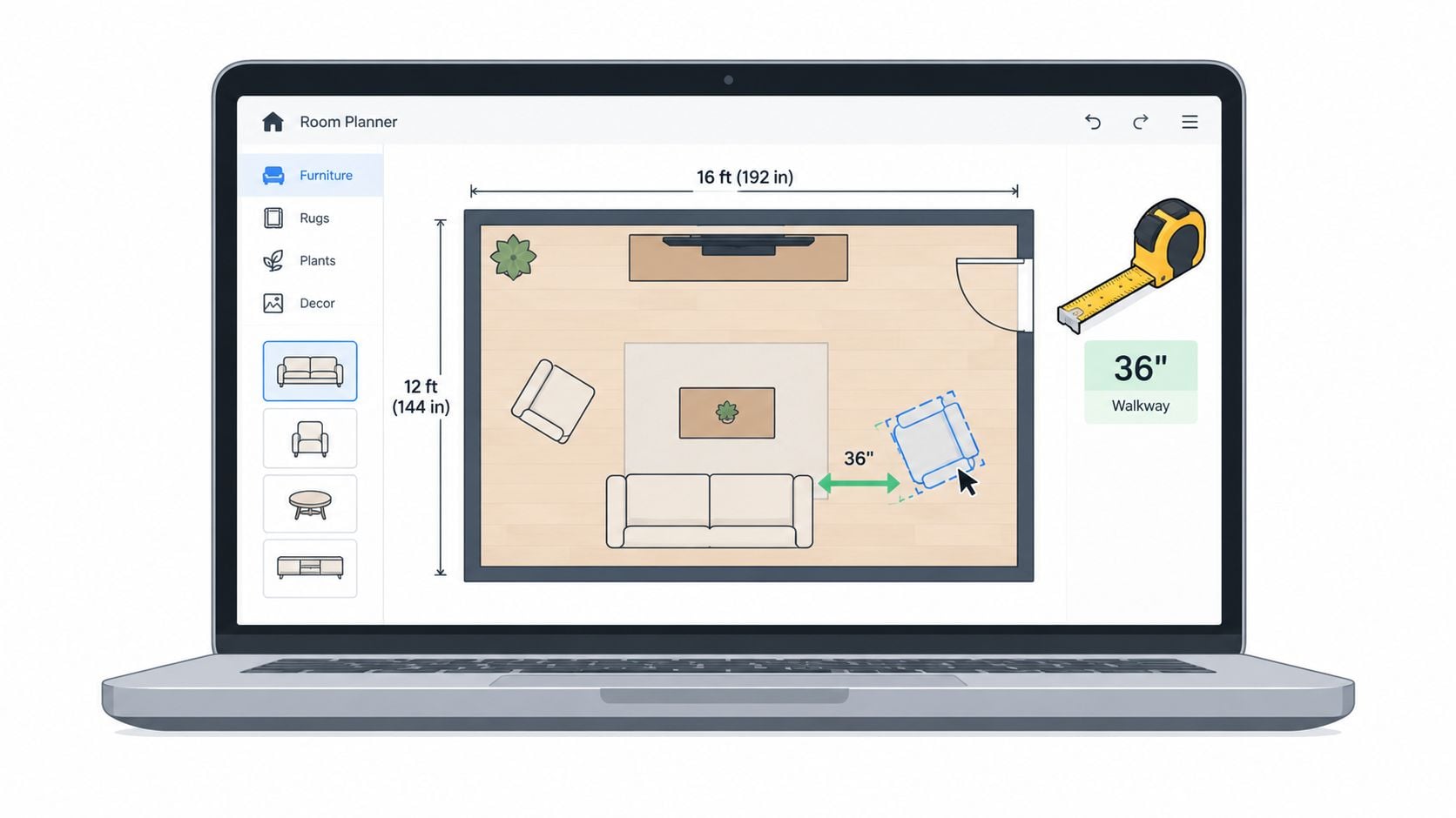 A digital room planning software on a laptop screen showing a top-down view of living room furniture.