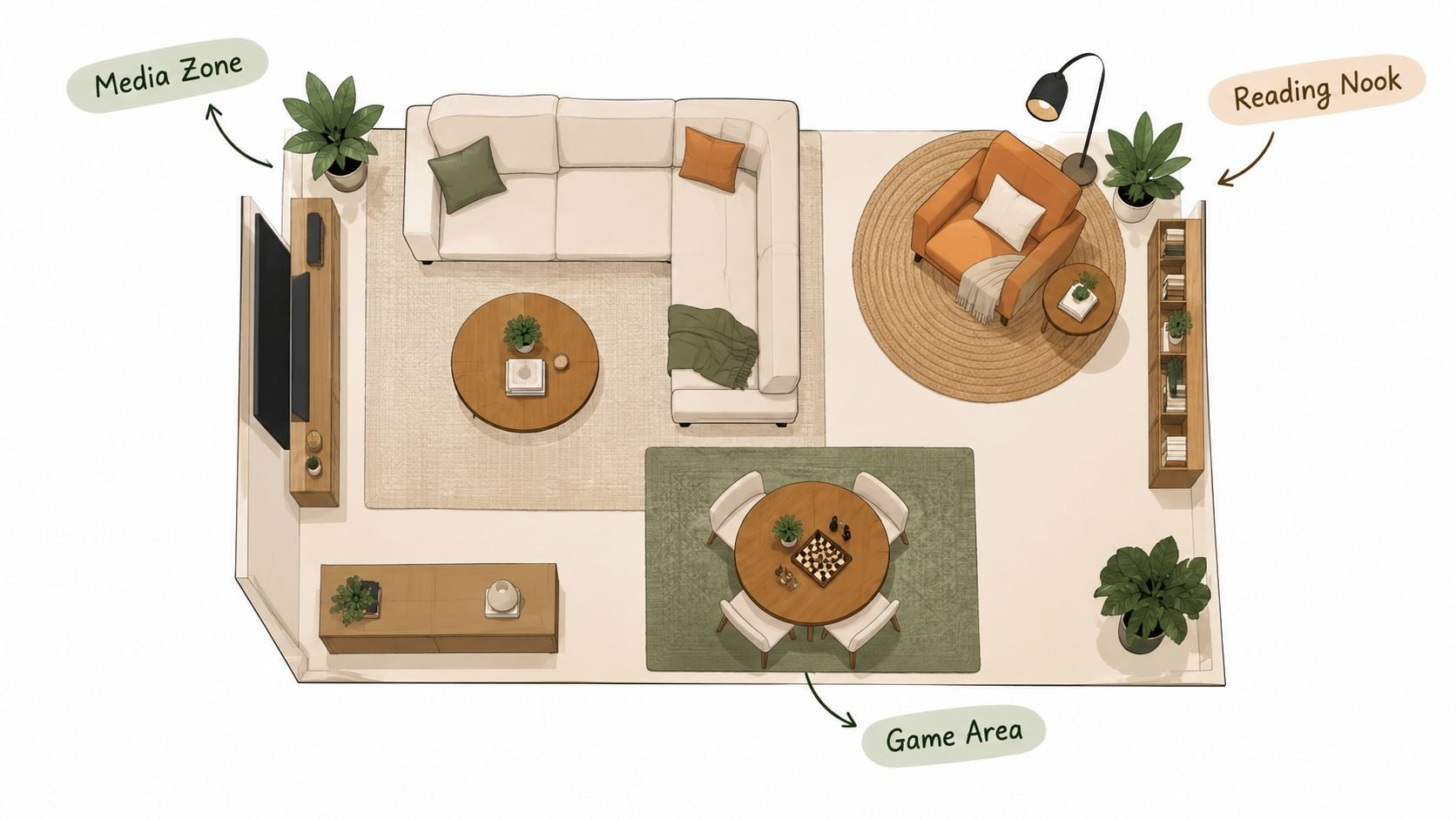 An aerial floor plan showing a modern living room with a couch, reading nook, and game area.