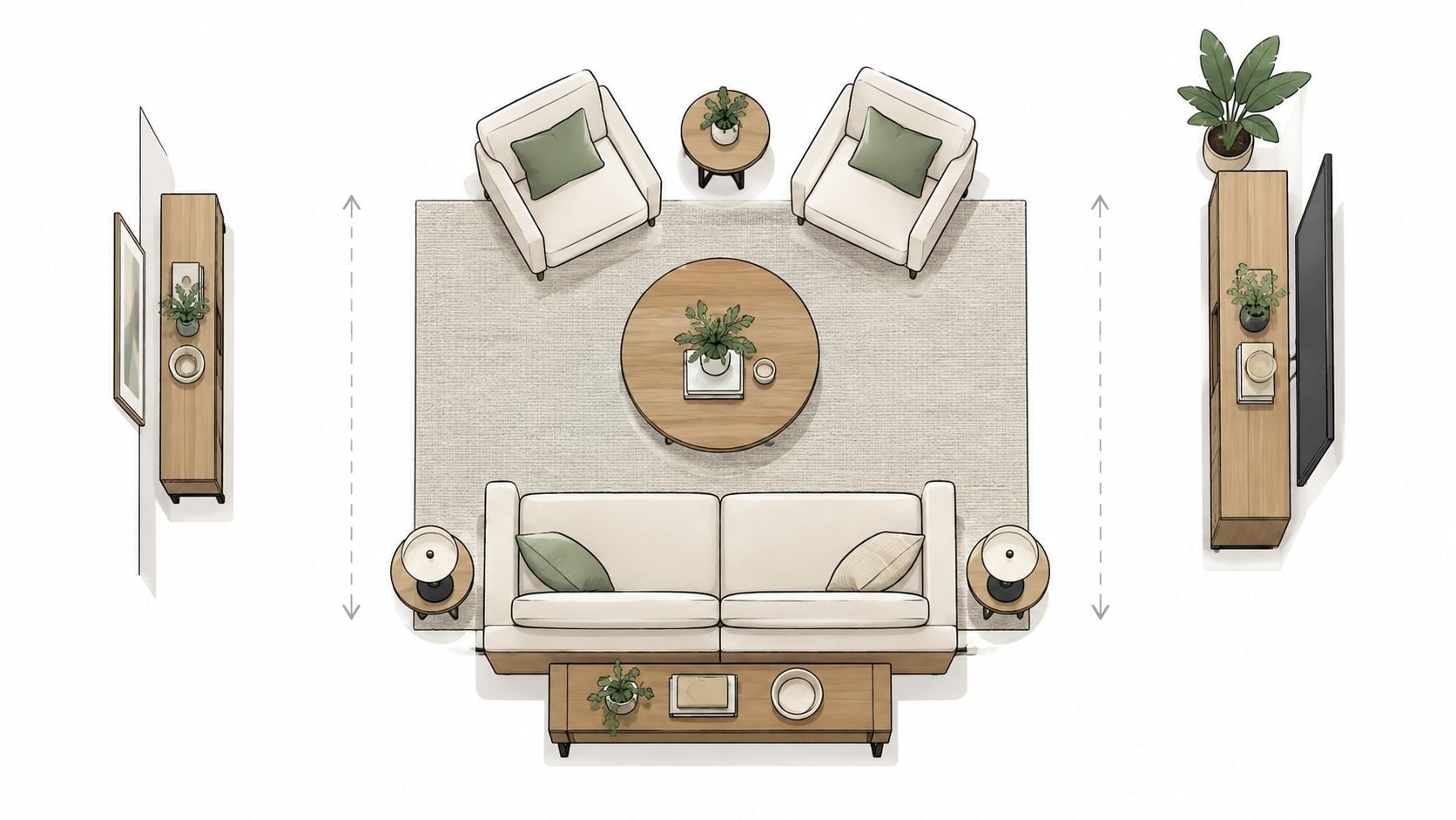 An overhead interior design floor plan layout featuring a sofa, two chairs, coffee table, and media console.