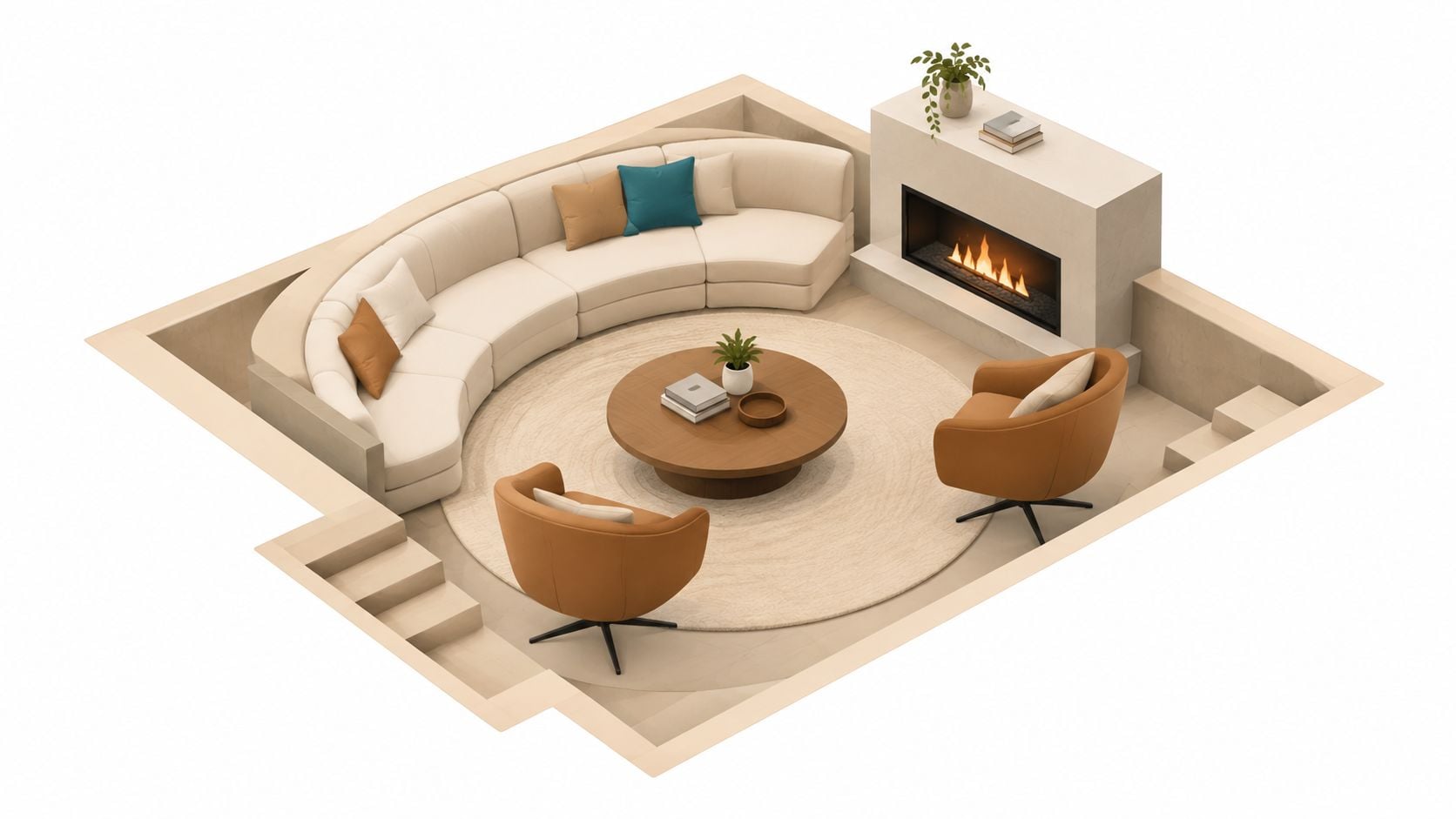 A modern sunken living room with a curved sofa, two accent chairs, and a fireplace in isometric view.