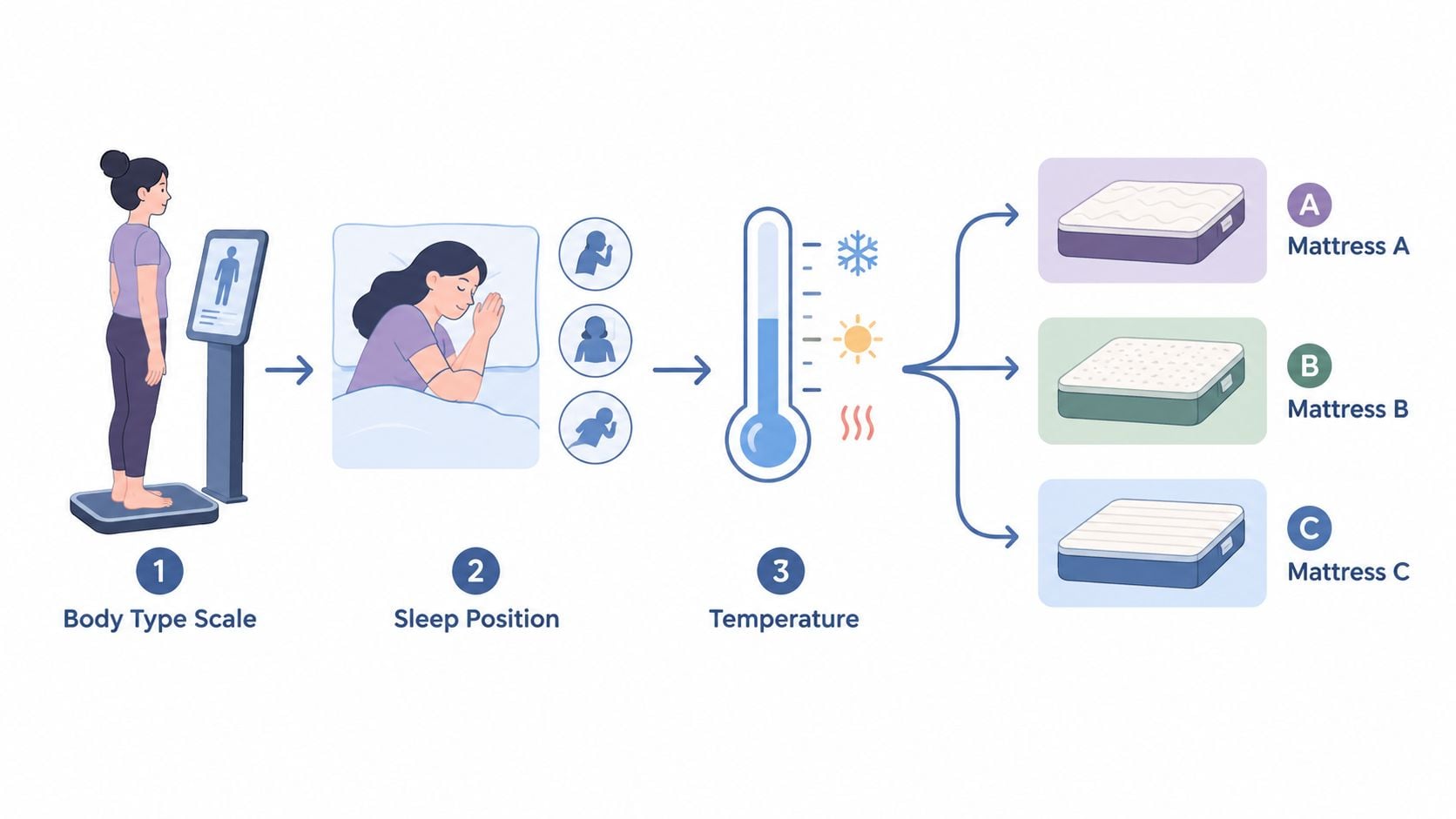 An infographic showing the process of choosing a mattress based on body type, sleep position, and temperature.