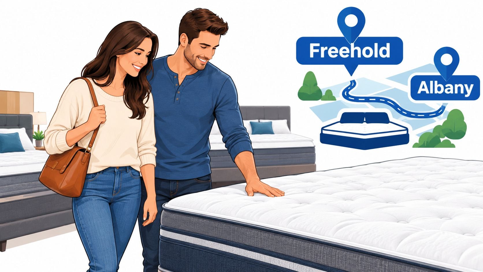 A happy couple shopping for a new mattress in a furniture store with location markers shown.