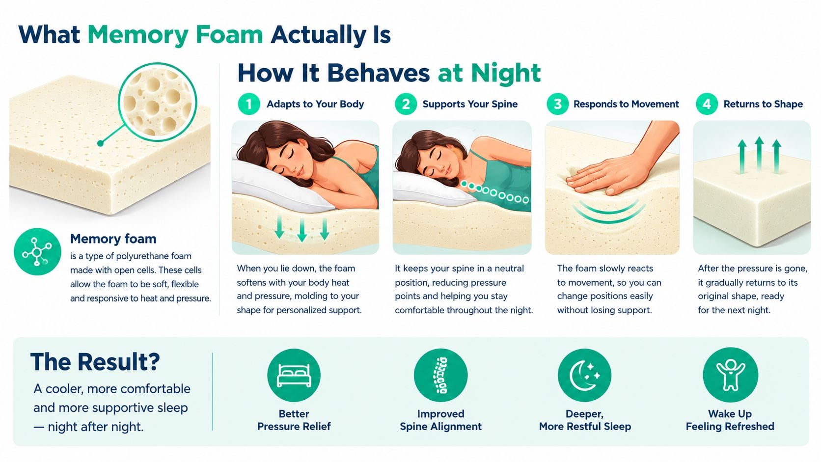 An infographic showing how memory foam mattresses adapt to body heat and pressure to provide sleep support.