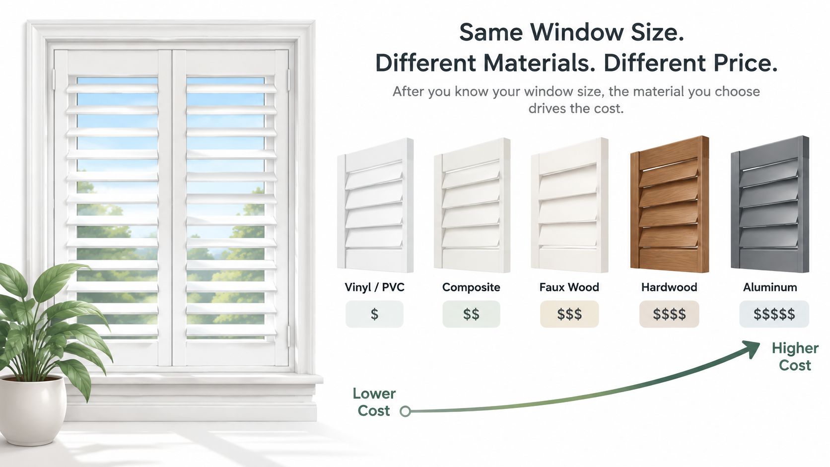 A visual comparison chart illustrating the varying costs of plantation shutters based on their material construction.
