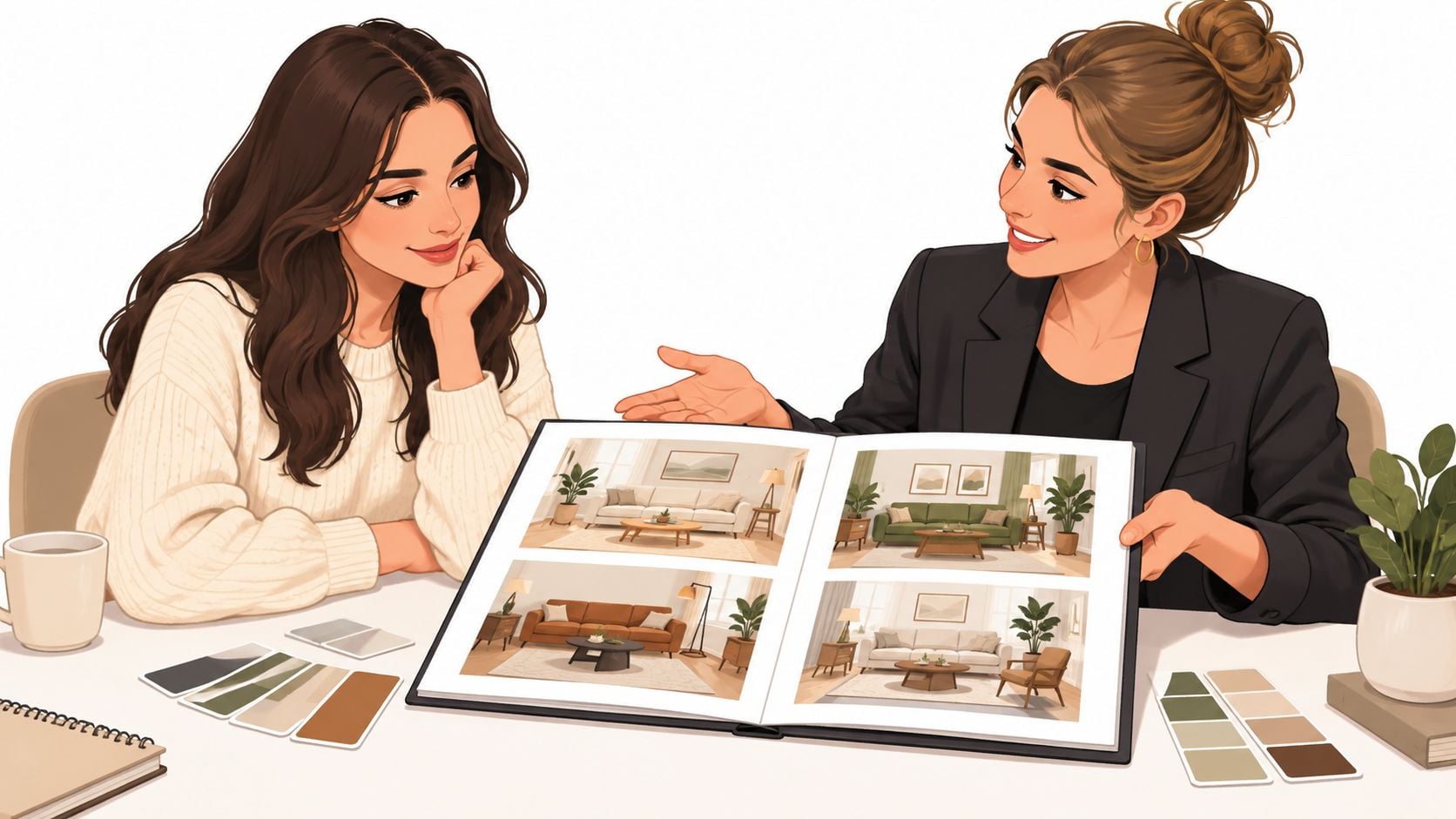 Interior designer reviewing a room-design portfolio during a client consultation.