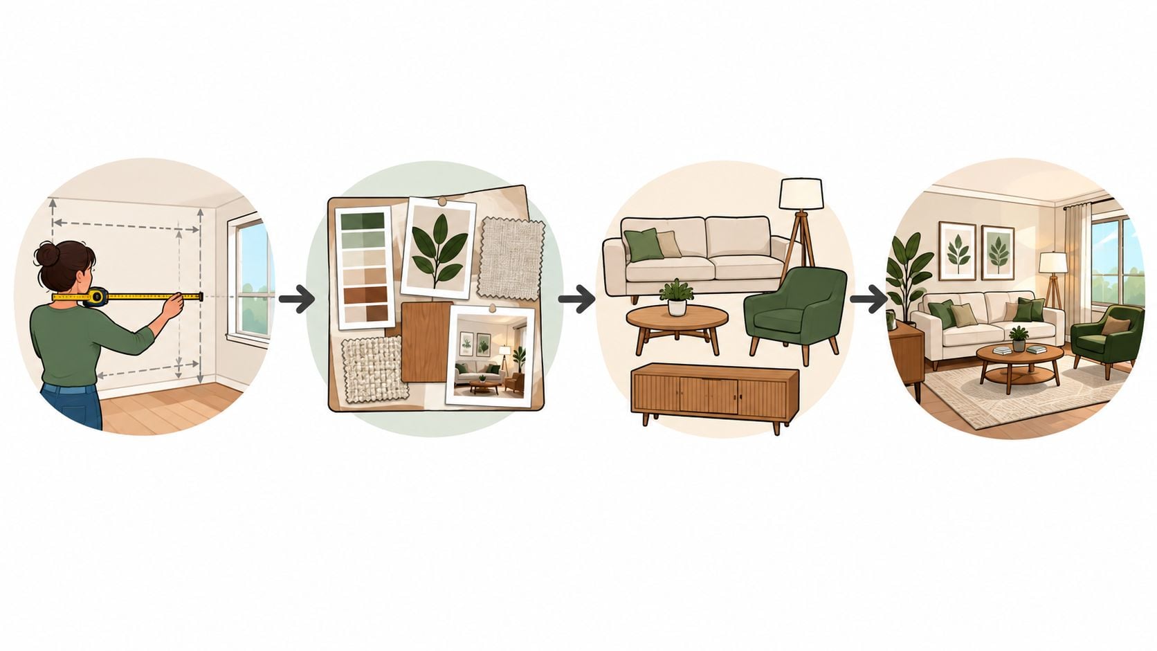 Interior-design process showing room measurement, concept development, furniture selection, and final styling.