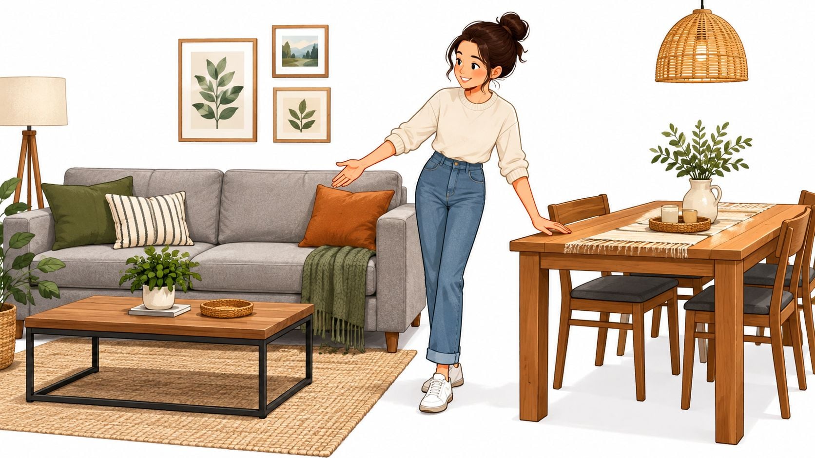 Living and dining room arrangement illustrating coordinated furniture selections and a practical furnishing plan.