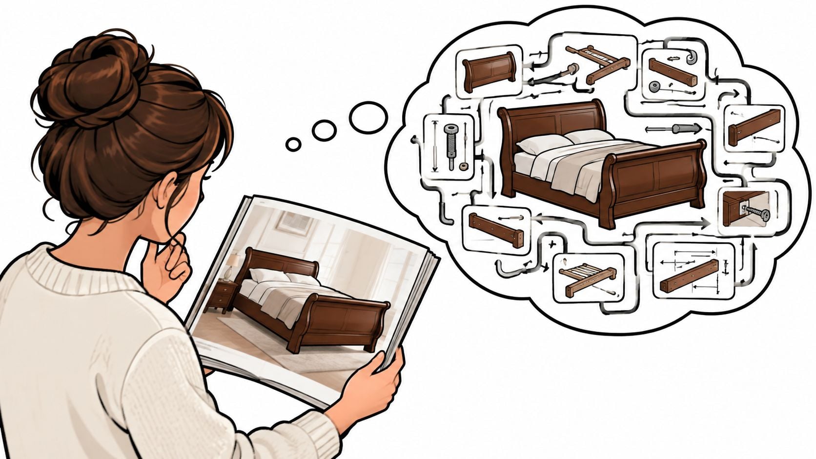 A woman looks at a catalog picturing a sleigh bed while visualizing the complex assembly process.