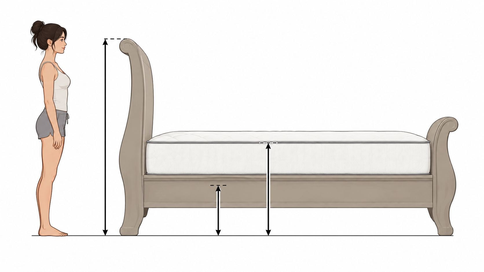 A digital illustration showing a person standing next to a wooden sleigh bed for size comparison.
