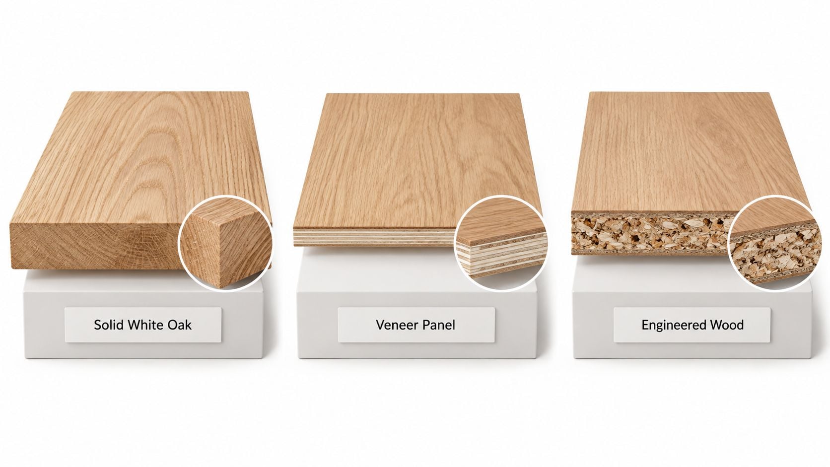 A cross-section comparison showing solid white oak, veneer panel, and engineered wood material compositions for furniture.