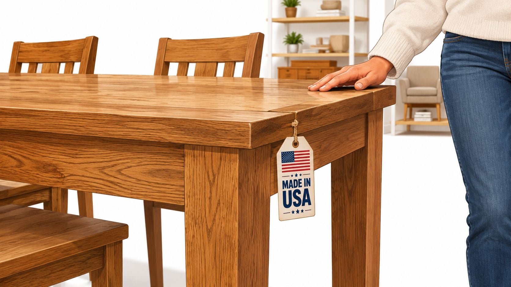 A person touching a high-quality wooden table with a Made in USA tag hanging from the corner.