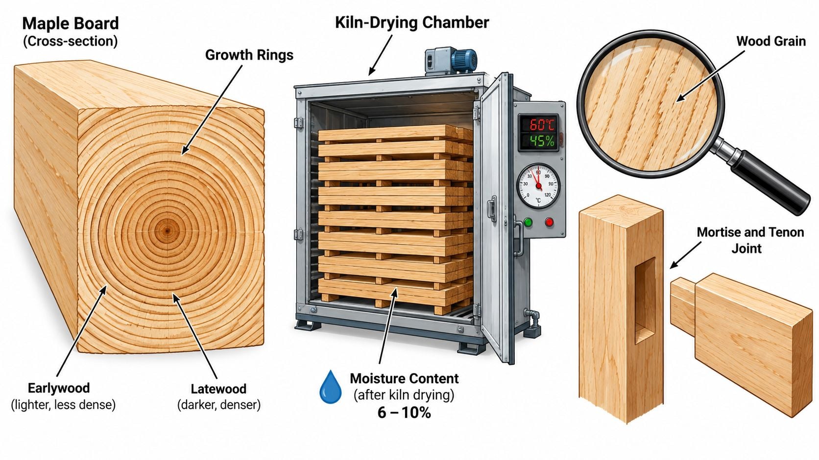 An illustration showing maple board cross-section, a kiln-drying chamber, wood grain, and a mortise and tenon joint.