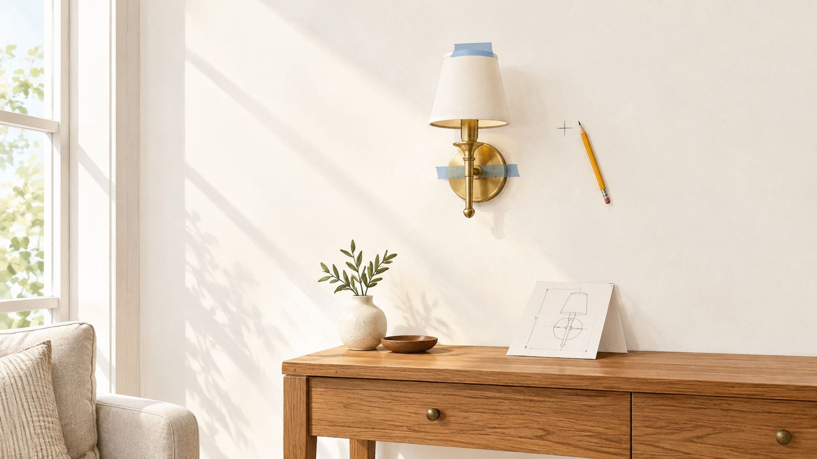 A brass wall sconce lamp mounted above a wooden console table with a pencil marking the wall.