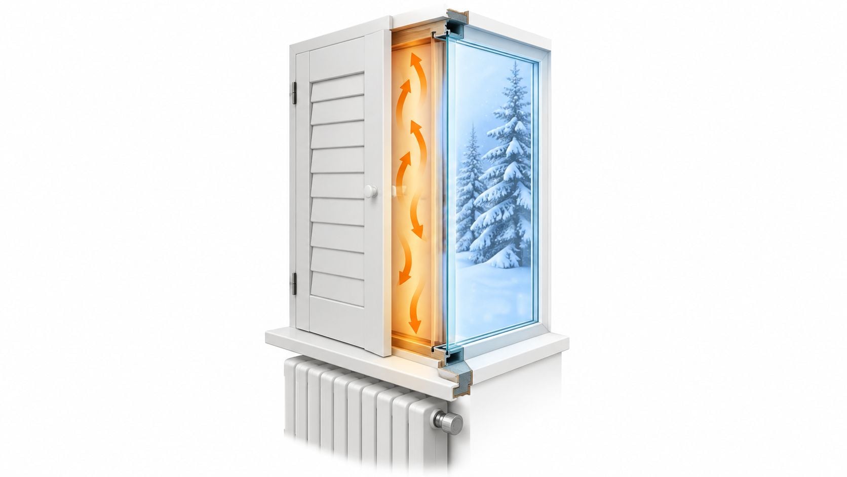 A 3D cross-section showing a closed interior shutter insulating a window against the cold winter outdoors.