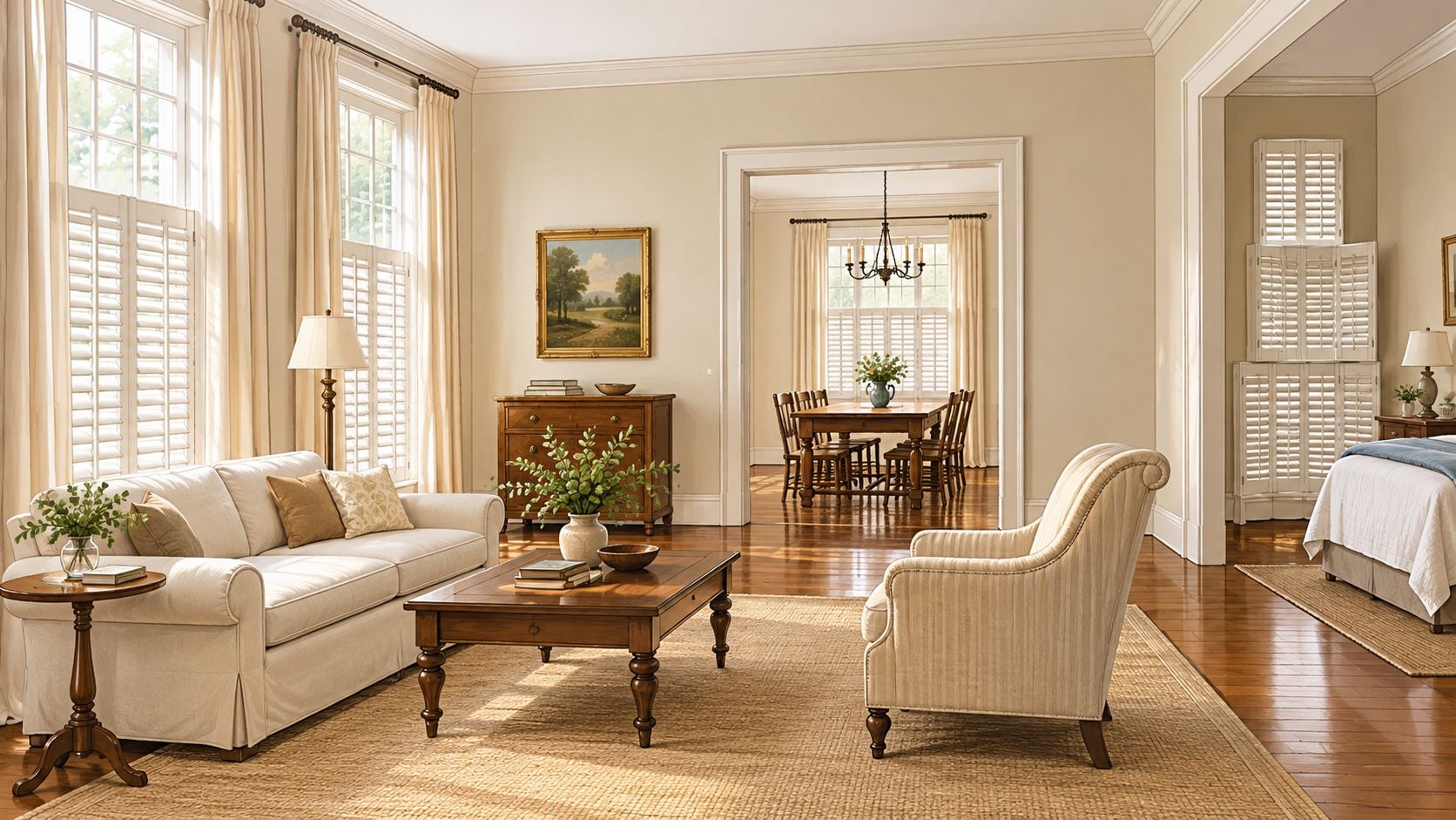 A sophisticated living room featuring off-white sofas, wooden furniture, and elegant window treatments with interior shutters.
