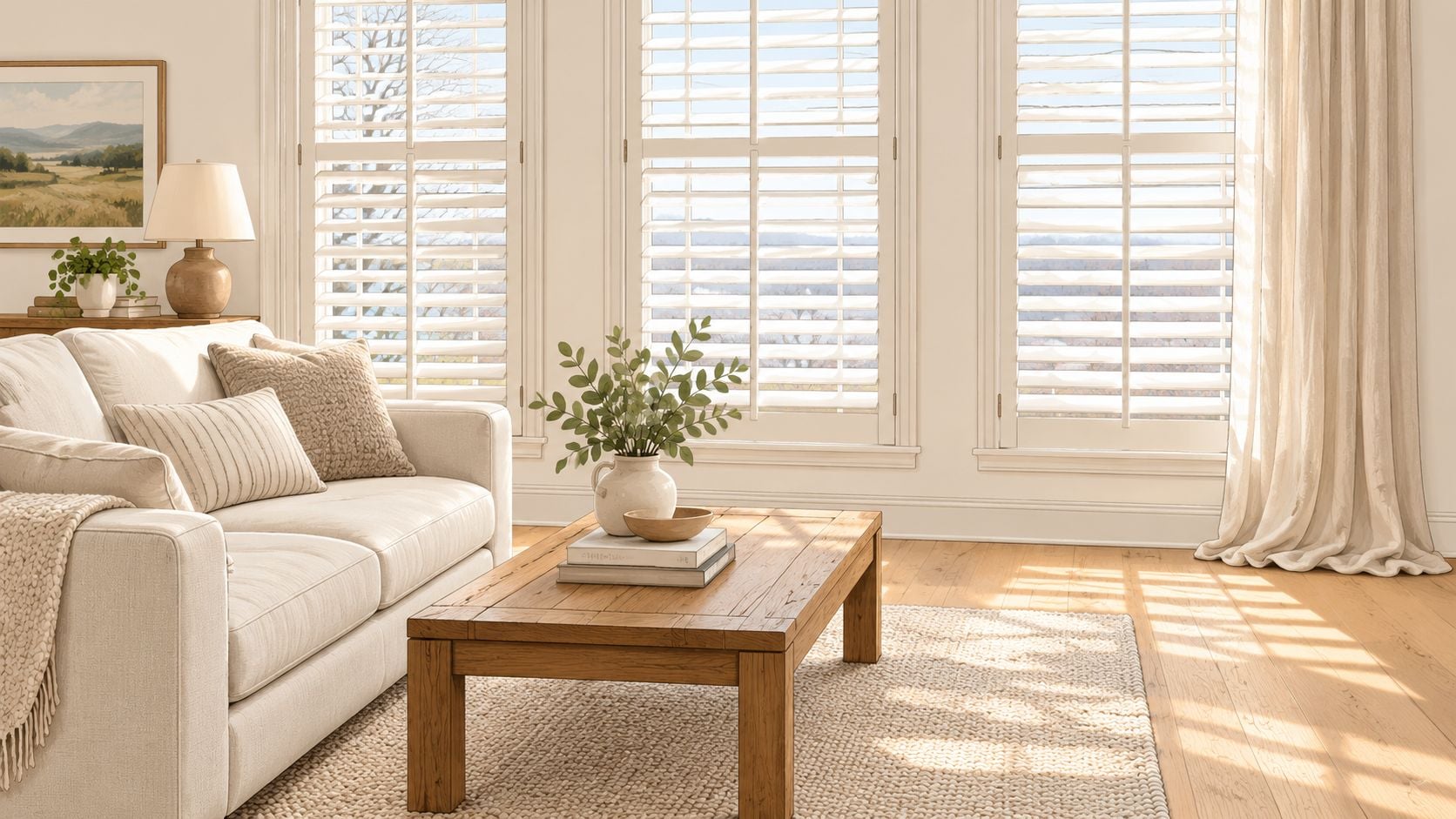 A cozy living room featuring a comfortable couch, a wooden coffee table, and plantation window shutters.